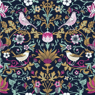 Sihirli orman arka plan için Vintage çiçekler ve kuşlar Dikişsiz desen tasarımını illüstrasyon vektör.