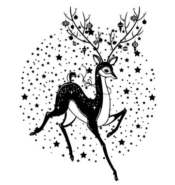 Neşeli Noel ve mutlu yeni yıl kartpostal için şirin Ren geyiği vektör çizim tasarımı