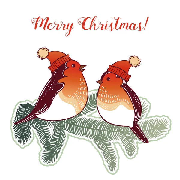 美しい手のベクトル イラスト デザインは枝の鳥とレトロなクリスマス カードを描画 — ストックベクタ