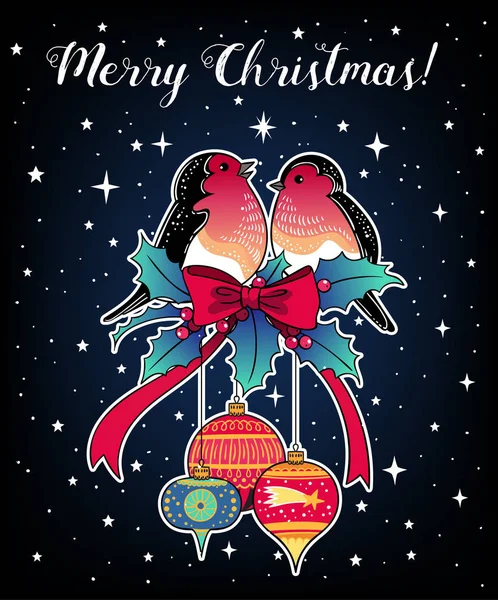 美しい手のベクトル イラスト デザイン描画鳥とレトロなクリスマス カード — ストックベクタ