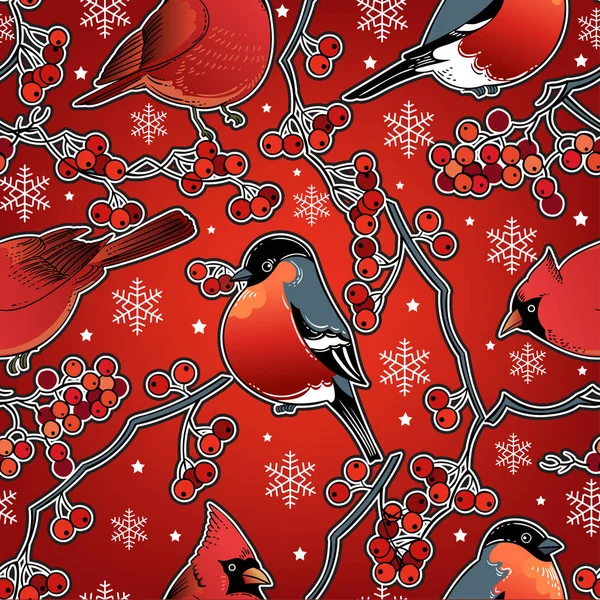 Vector Illustration Design Beautiful Hand Drawn Retro Christmas Birds Seamless — Stock Vector