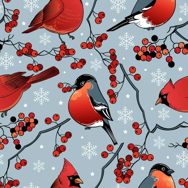 Vector Illustration Design Beautiful Hand Drawn Retro Christmas Birds Seamless — Stock Vector