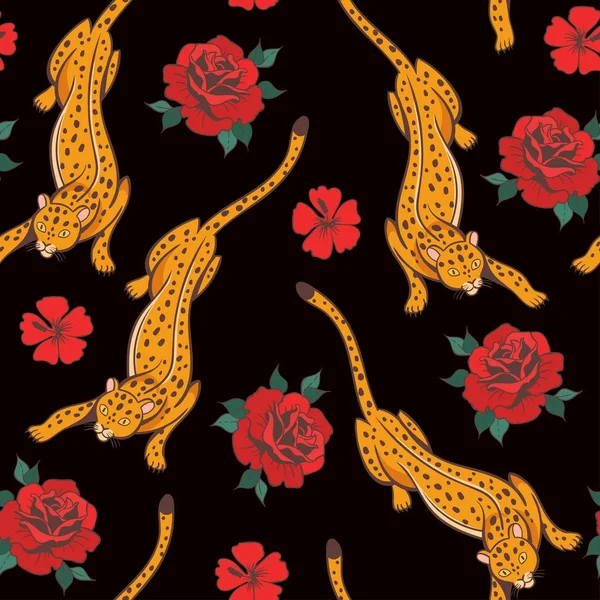 Diseño Ilustración Vectorial Tigres Flores Patrón Sin Costura — Archivo Imágenes Vectoriales