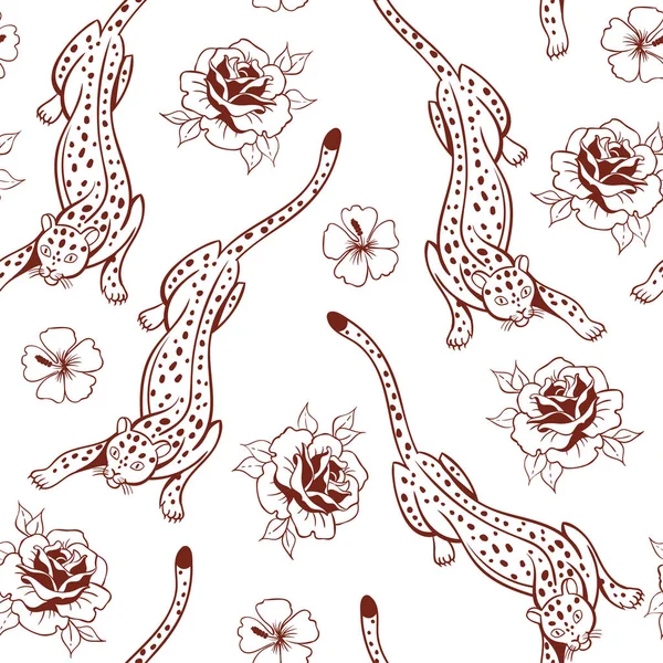 Vector Illustration Design Tigers Flowers Seamless Pattern — Stock Vector