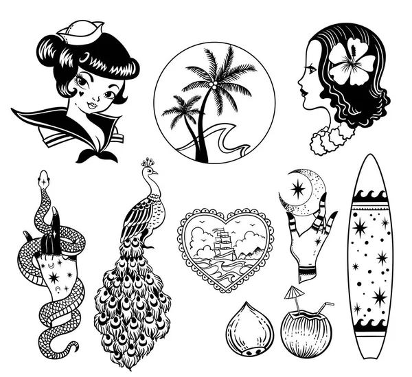 Diseño Ilustración Vectorial Tropical Exotic Sea Set Hawai Parches Pin — Archivo Imágenes Vectoriales