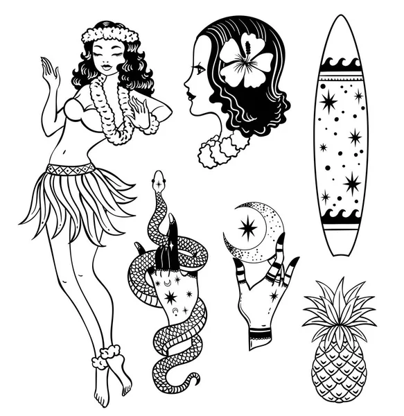 Vektorové Ilustrace Design Exotické Tropické Moře Set Hawaii Záplaty Pin — Stockový vektor