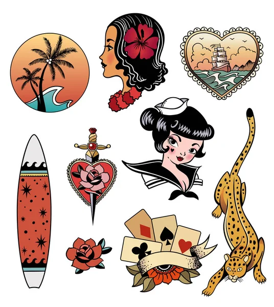 Vektorové Ilustrace Design Exotické Tropické Moře Set Hawaii Záplaty Pin — Stockový vektor