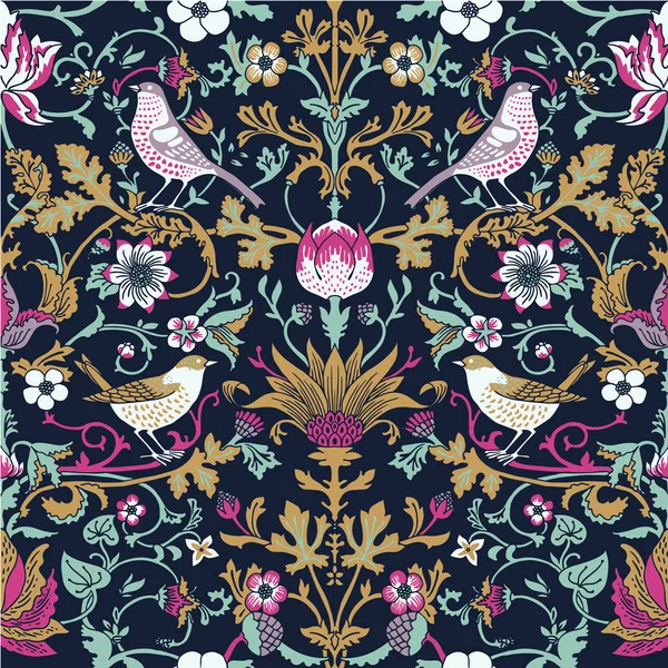 Vektor Illustration Design Von Vintage Blumen Und Vögel Nahtlose Muster — Stockvektor