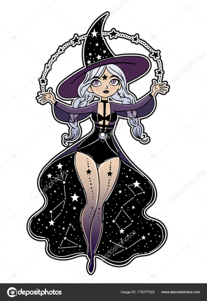 Vector Illustration Design Beautiful Cartoon Witch Dress Hat Magic Items  Stock Vector Image by ©mazeina #175277022
