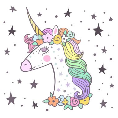 vektör çizim tasarım şirin sihirli Unicorn ve peri öğeleri toplama