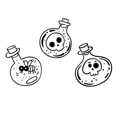 vektör çizim tasarım kafatasları ve sinek içinde elle çizilmiş şişe 