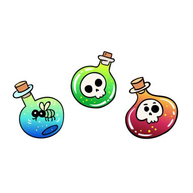 vektör çizim tasarım kafatasları ve sinek içinde elle çizilmiş şişe 