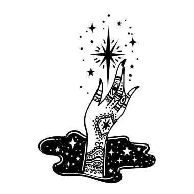 vector illustration design of cartoon magic hand with symbols holding star clipart