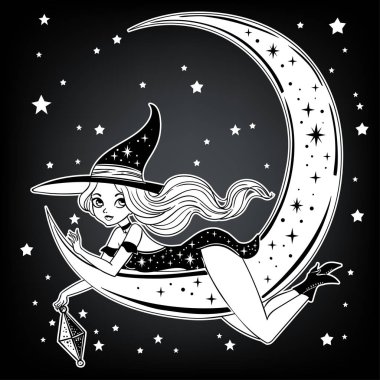 vektör çizim tasarım güzel Gotik cadı mutlu Cadılar Bayramı kartı için sihirli aya