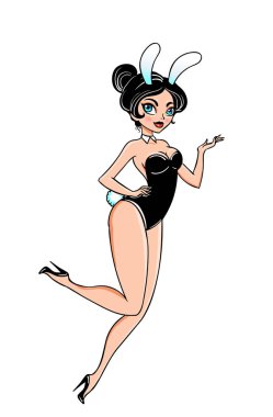 vektör çizim tasarım güzel genç kadın beyaz kulaklı seksi siyah bunny Kostüm giymiş. Bunny kostüm.