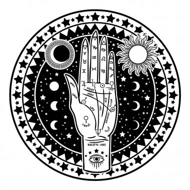 vector illustration design of Vintage Fortune Teller Hand with Palmistry diagram, mystic and occult symbols. clipart