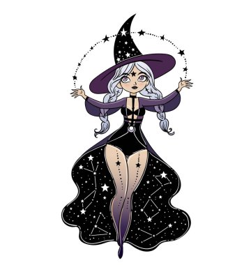 vektör çizim tasarım güzel elbise ve şapka ile mutlu Halloween poster için sihirli öğeleri ezoterik cadı