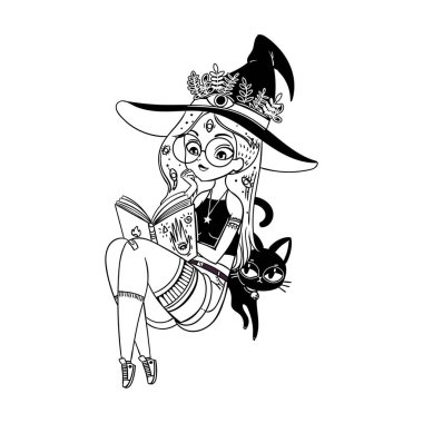 vektör çizim tasarım mutlu Cadılar Bayramı kartı için sihirli kitap ile Gotik karikatür cadı