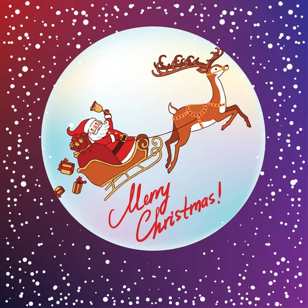 メリー クリスマスと幸せな新年のはがきのトナカイとそりでサンタ クロースのベクトル イラスト デザイン — ストックベクタ