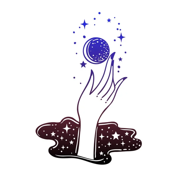 Vector Εικονογράφηση Σχεδιασμός Του Καρτούν Μαγικό Χέρι Σύμβολα Κρατώντας Φεγγάρι — Διανυσματικό Αρχείο