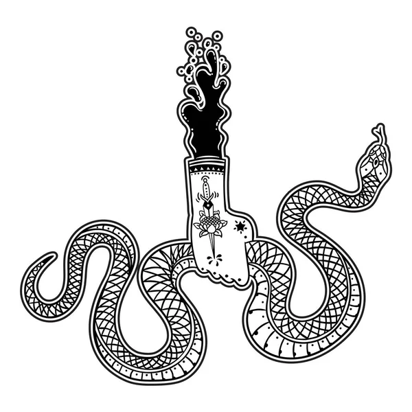 Векторна Ілюстрація Дизайну Мультяшної Магічної Руки Символами Тримають Змію — стоковий вектор