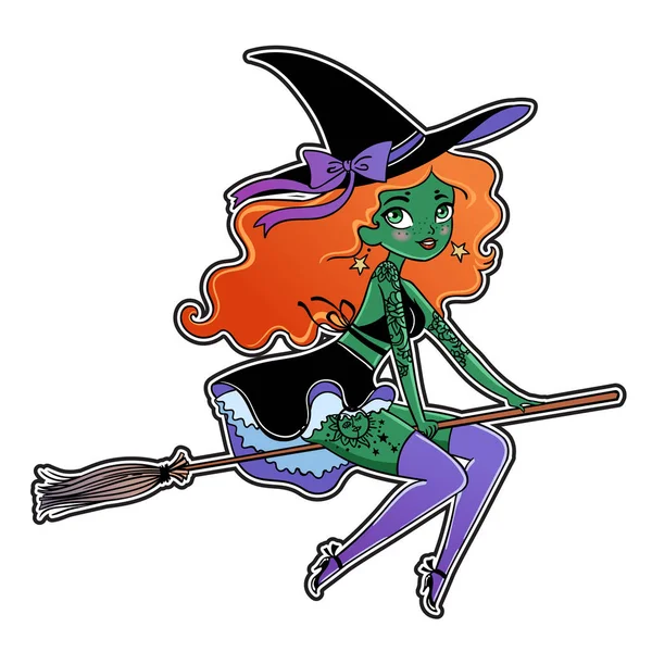 Wektor Ilustracja Design Piękne Gotyk Czarownica Magicznej Miotły Happy Halloween — Wektor stockowy