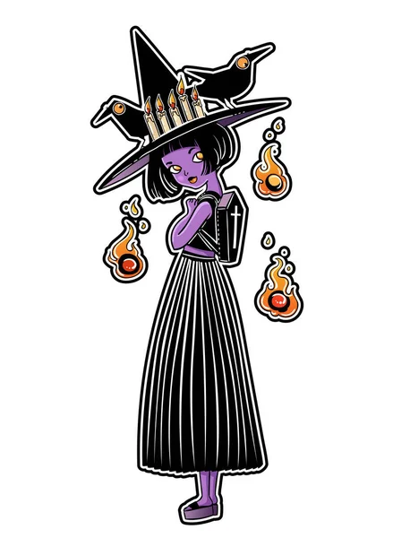 ハッピーハロウィンのポスターのための魔法のアイテムと魔女漫画のベクトル イラスト デザイン — ストックベクタ