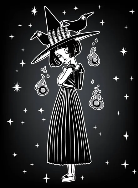 Vector Illustration Design Gothic Witch Dress Hat Magic Items Happy — Stock Vector