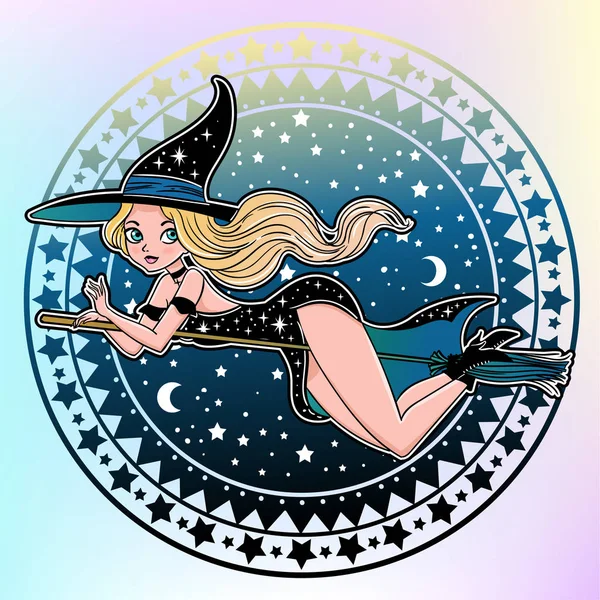 Disegno Illustrazione Vettoriale Bella Strega Abito Cappello Con Scopa Magica — Vettoriale Stock