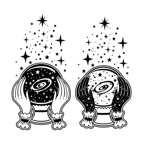 Illustration Vectorielle Boules Cristal Magiques Dessinées Main Avec Des Étoiles — Image vectorielle