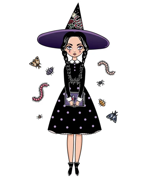 ハッピー ハロウィン カードの魔法の本とゴシック漫画魔女のベクトル イラスト デザイン — ストックベクタ