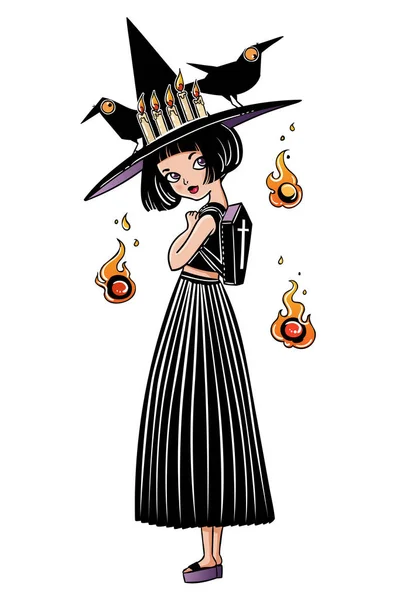 美しいドレスと幸せなハロウィーンのポスターのための魔法のアイテムと帽子で難解な魔女のベクトル イラスト デザイン — ストックベクタ