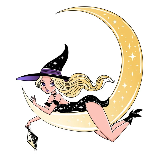 Векторная Иллюстрация Дизайна Красивой Готической Ведьмы Волшебной Луне Счастливой Открытки — стоковый вектор