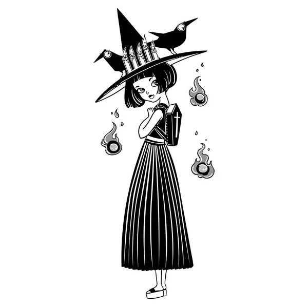 Vector Εικονογράφηση Σχεδιασμός Όμορφη Γοτθική Μάγισσα Φόρεμα Και Καπέλο Μαγικά — Διανυσματικό Αρχείο