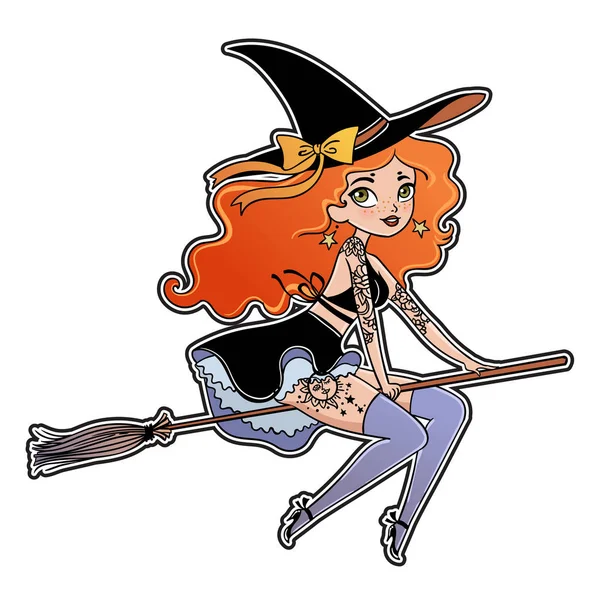 Vektoros Illusztráció Design Gyönyörű Gótikus Boszorkány Mágikus Seprű Happy Halloween — Stock Vector