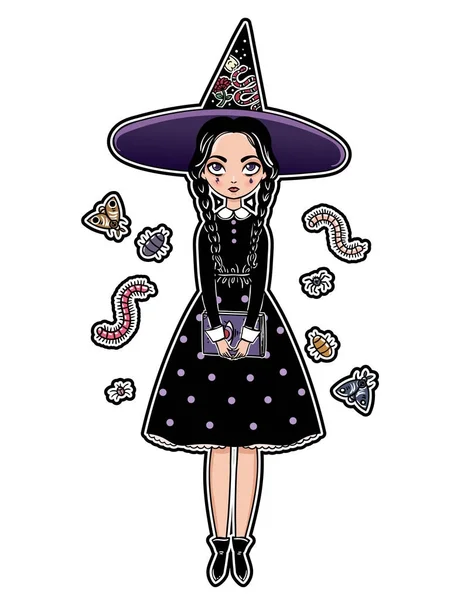 Vektoros Illusztráció Design Gótikus Rajzfilm Witch Magic Könyv Happy Halloween — Stock Vector