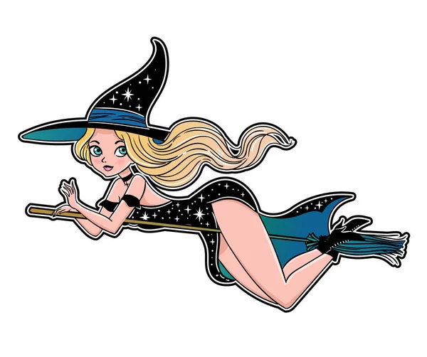 Vector Illustration Design Beautiful Gothic Witch Magic Broom Happy Halloween — Stock Vector