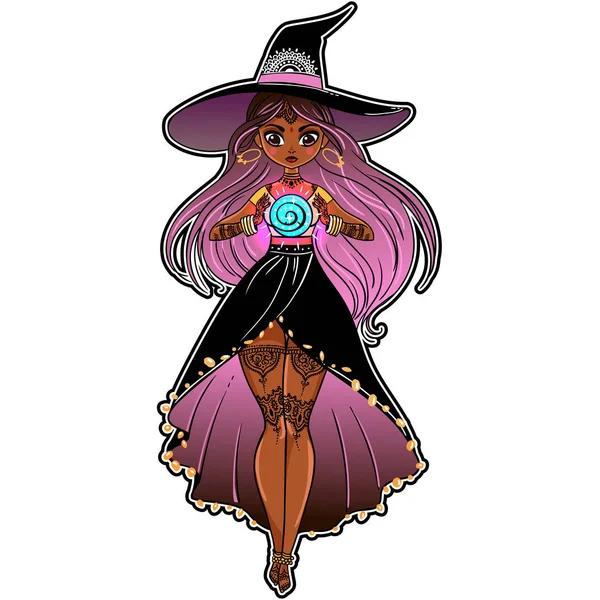 ドレスと幸せなハロウィーンのポスターのための魔法のアイテムと帽子の美しい漫画魔女のベクトル イラスト デザイン — ストックベクタ