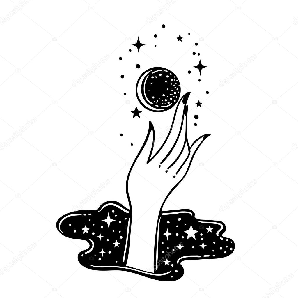vector illustration design of cartoon magic hand with symbols holding moon