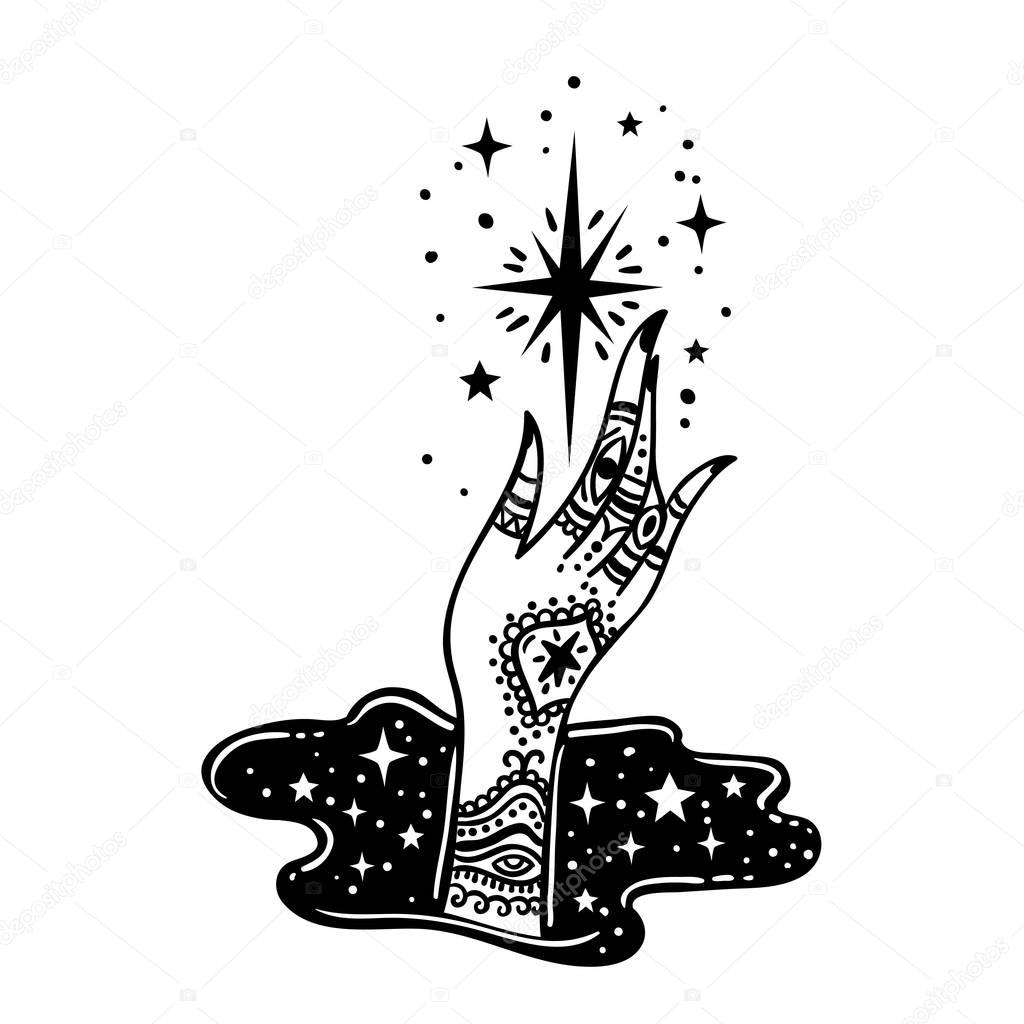 vector illustration design of cartoon magic hand with symbols holding star