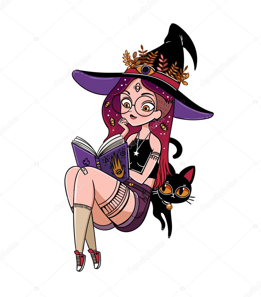 vector illustration design of gothic cartoon Witch with magic book for Happy Halloween card