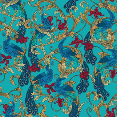 Tavus kuşu ile güzel seamless modeli. Vintage moda illüstrasyon.