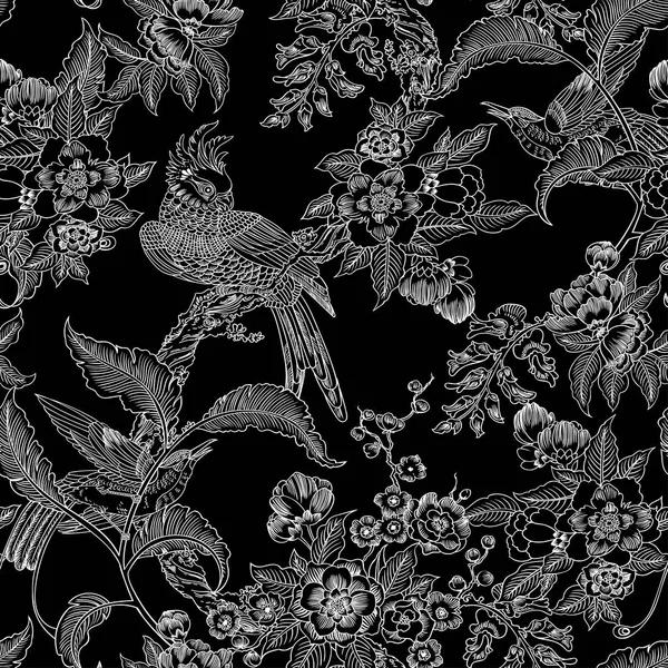 Dark Enchanted Vintage Flowers Birds Seamless Pattern Magic Forest Background — Stock Vector