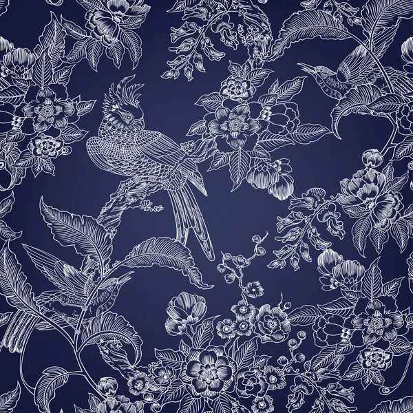 Dark Enchanted Vintage Flowers and Birds seamless pattern. Magic forest background.