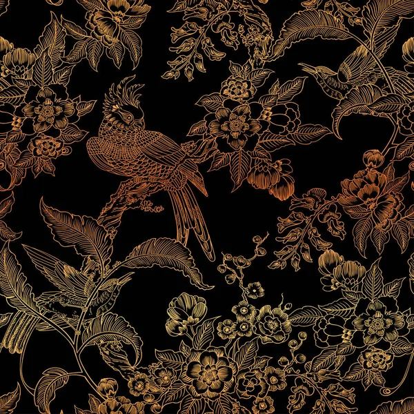 Dark Enchanted Vintage Flowers Birds Seamless Pattern Magic Forest Background — Stock Vector