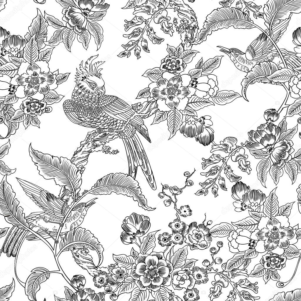 Dark Enchanted Vintage Flowers and Birds seamless pattern. Magic forest background.