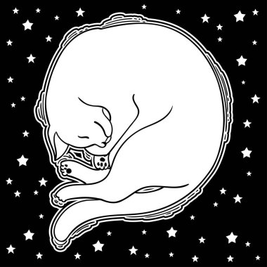 Vektör uyku kedi. Karanlık dövme illüstrasyon. Tasarım logo, davet, parti, kağıt, desen ve vb için