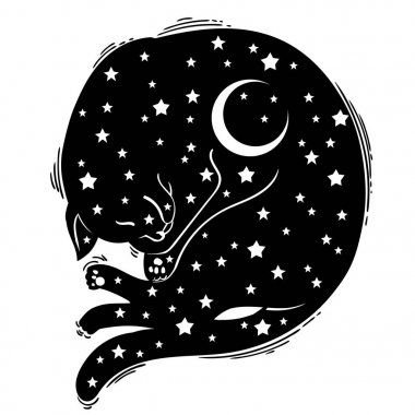 Vektör uyku kedi. Karanlık dövme illüstrasyon. Tasarım logo, davet, parti, kağıt, desen ve vb için
