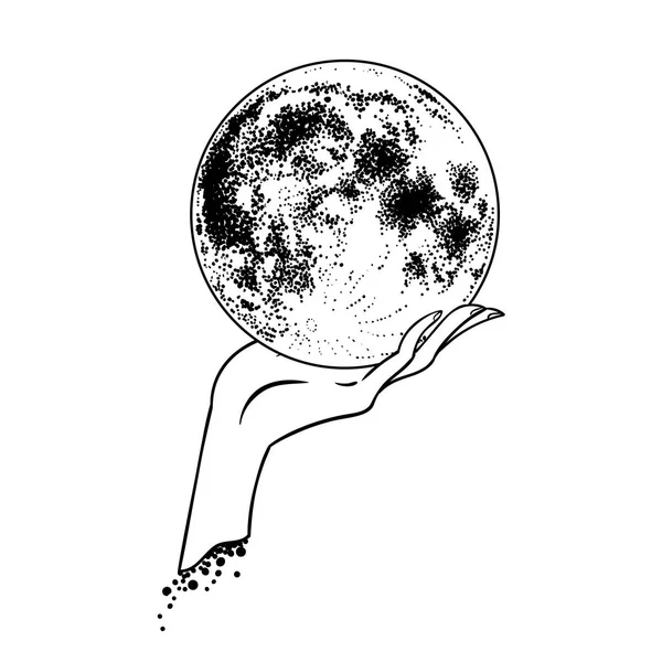 Belle Main Dessin Main Tient Étoile Lune Illustration Vectorielle Isolée — Image vectorielle