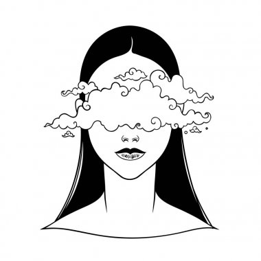 Yüzündeki bulutlar güzel kızla. Kadın portre veya gece tanrıçası. Fantezi, maneviyat, büyü, dövme ve trendy yazdırın. İzole vektör çizim.